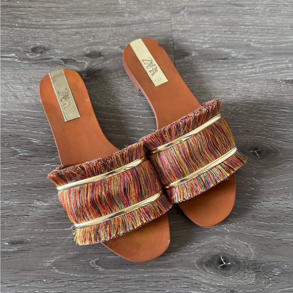 Zara Colorful Fringe Slide Sandals